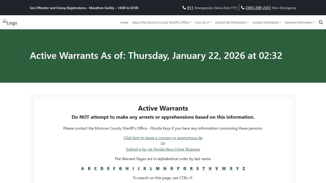 Active Warrants As of: Tuesday, January 20, 2026 at 02:32
