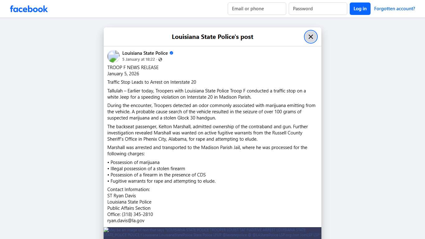 TROOP F NEWS RELEASE January 5,... - Louisiana State Police Facebook